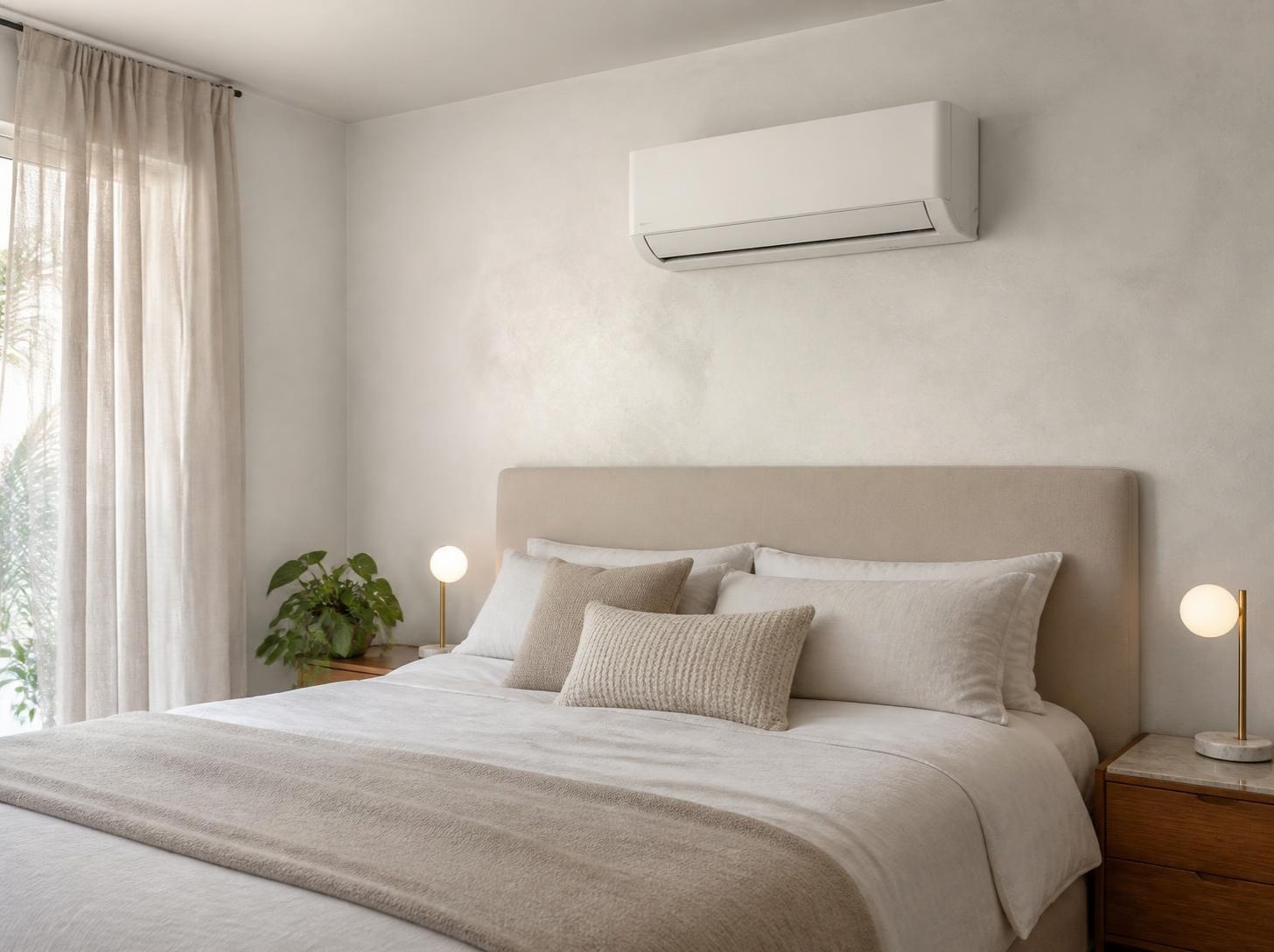 Quarto claro com ar-condicionado split instalado acima da cabeceira