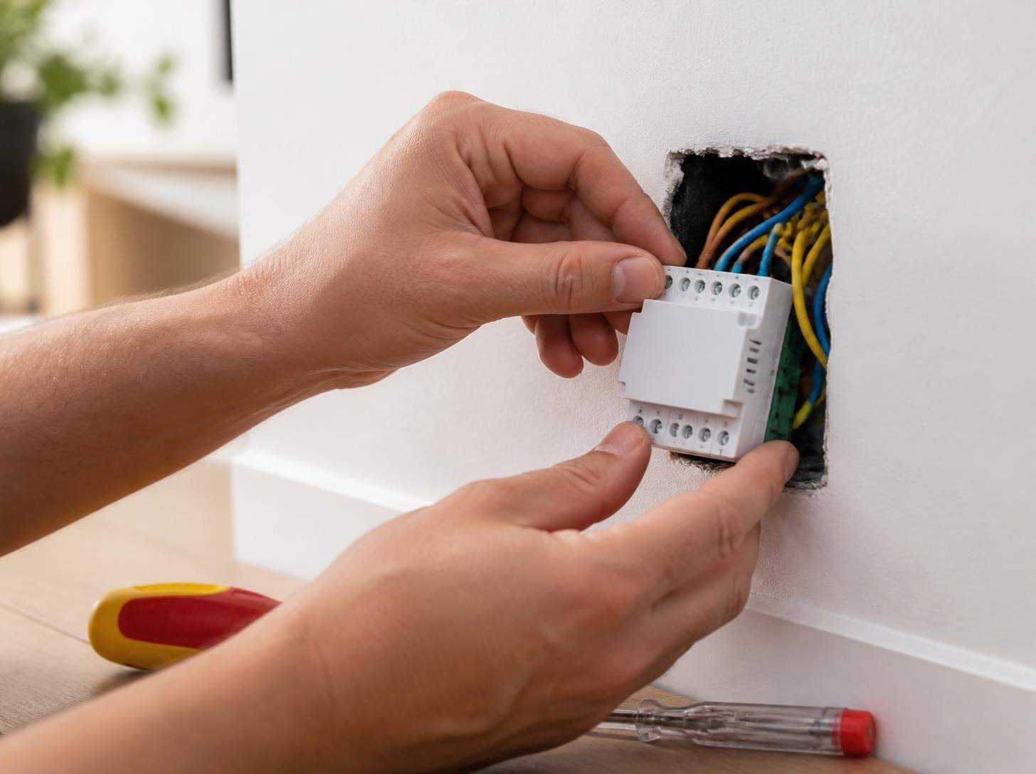 Eletricista instalando um módulo de interruptor inteligente dentro da caixa de parede