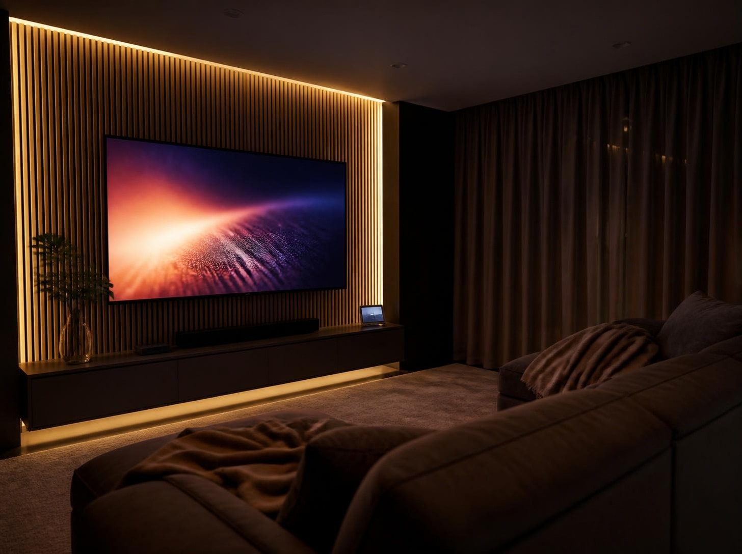 Sala de cinema em casa com TV ligada, fita de LED e luzes baixas